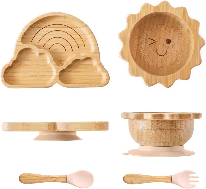 let's make Bamboo Suction Plates Bowls Set for Baby Toddler Divided Platter Food bowl with Silicone Fork & Spoon All-Natural Baby Feeding Set for Baby-Led Weaning, Non-Slip Design - Image 1
